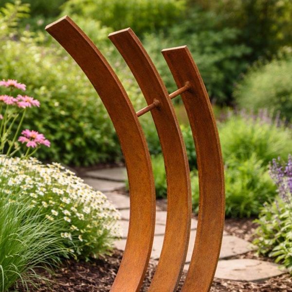 Alternate image for Abstract Metal Garden Sculpture | 30 Triple-Arc Rusted Steel Yard Art | Arcus