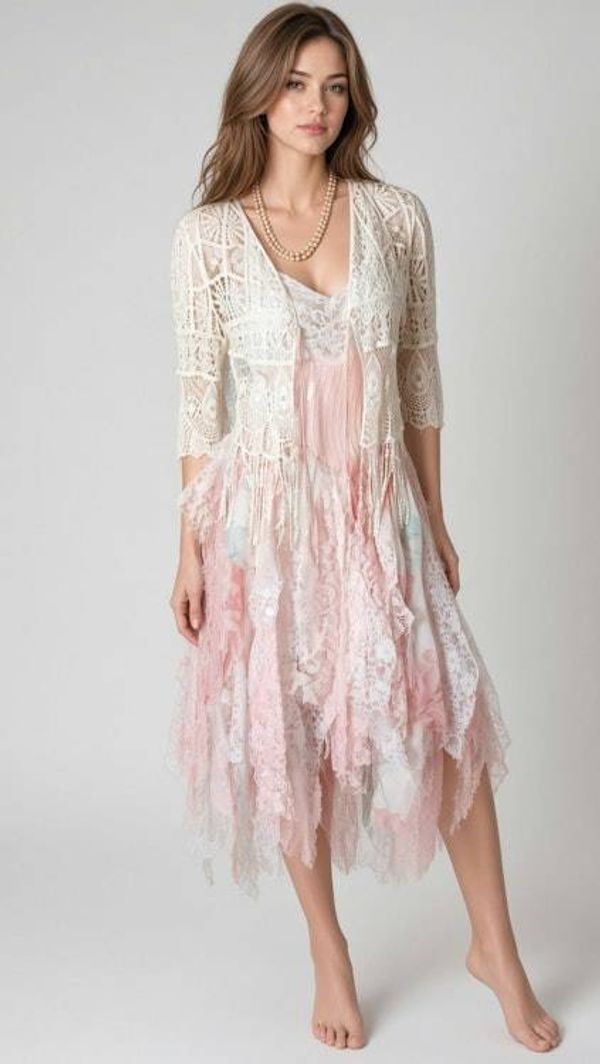 Alternate image for Romantic layered lace and tulle dress with crochet overlay - blush pink and ivory