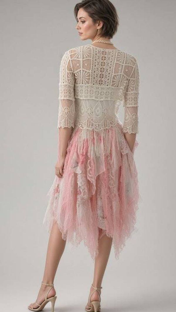 Alternate image for Romantic layered lace and tulle dress with crochet overlay - blush pink and ivory