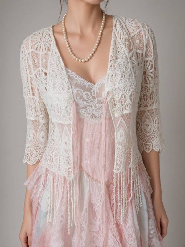 Alternate image for Romantic layered lace and tulle dress with crochet overlay - blush pink and ivory