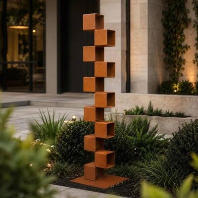 Primary image for Tall Metal Garden Sculpture | 45 Staggered Rusted Steel Cubes | Climb
