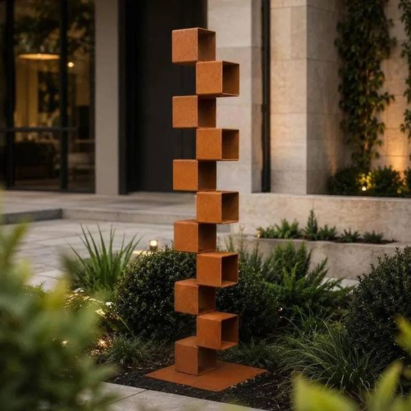 Alternate image for Tall Metal Garden Sculpture | 45 Staggered Rusted Steel Cubes | Climb
