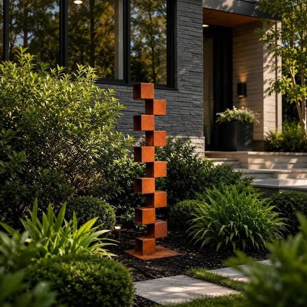 Alternate image for Tall Metal Garden Sculpture | 45 Staggered Rusted Steel Cubes | Climb