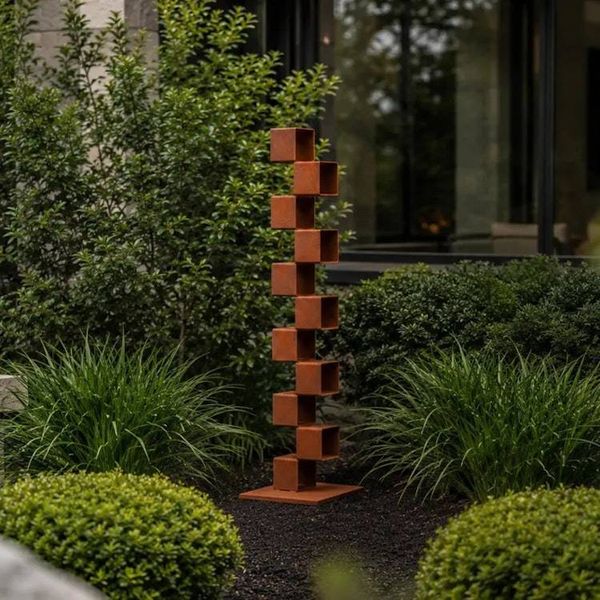 Alternate image for Tall Metal Garden Sculpture | 45 Staggered Rusted Steel Cubes | Climb