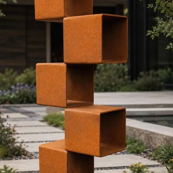 Alternate image for Tall Metal Garden Sculpture | 45 Staggered Rusted Steel Cubes | Climb