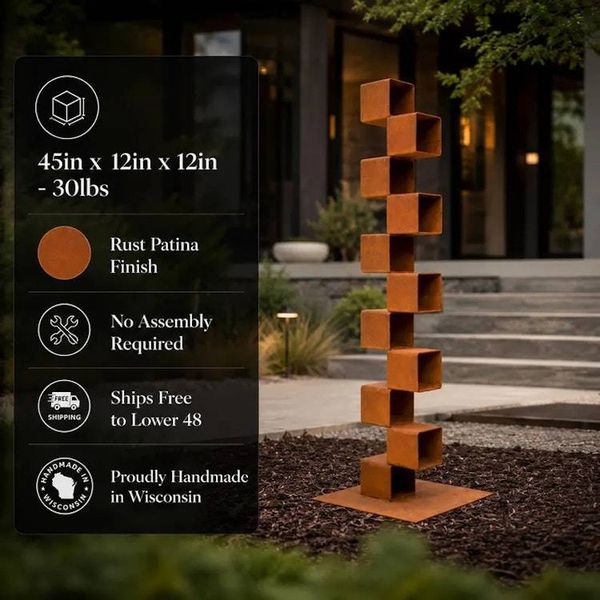 Alternate image for Tall Metal Garden Sculpture | 45 Staggered Rusted Steel Cubes | Climb
