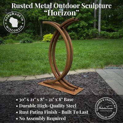 Alternate image for Curved Metal Garden Sculpture | 30 Rusted Steel Outdoor Art | Horizon