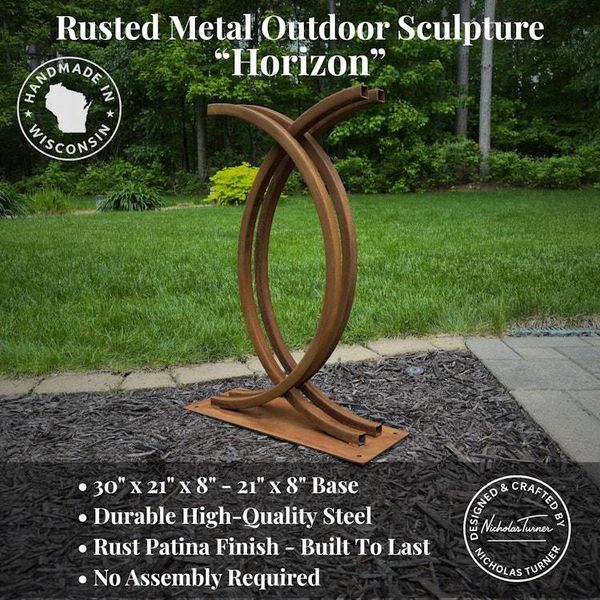 Alternate image for Curved Metal Garden Sculpture | 30 Rusted Steel Outdoor Art | Horizon