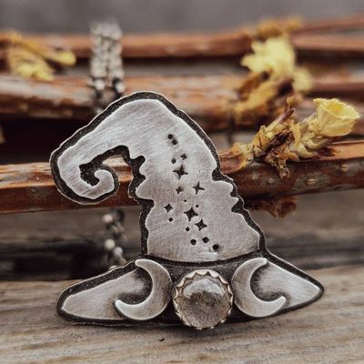 Alternate image for Sterling Silver Witch Hat Pendant with Labradorite | Handmade Witchy Necklace