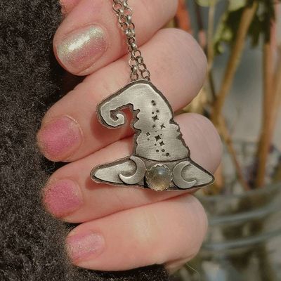 Alternate image for Sterling Silver Witch Hat Pendant with Labradorite | Handmade Witchy Necklace