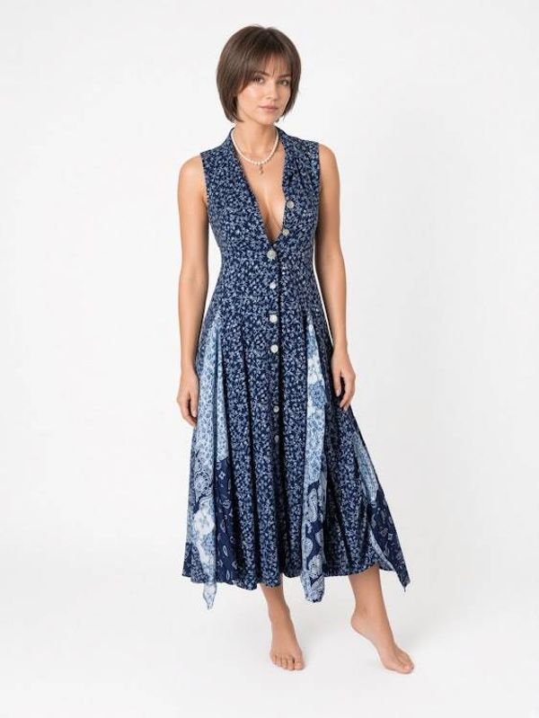 Alternate image for Navy Blue Bandana Print Sleeveless Handkerchief Hem Maxi Dress