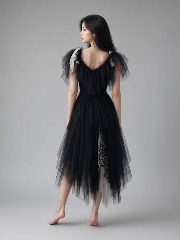 Alternate image for Gothic black tulle dress with handkerchief hem and layered skirt and shoulder detail