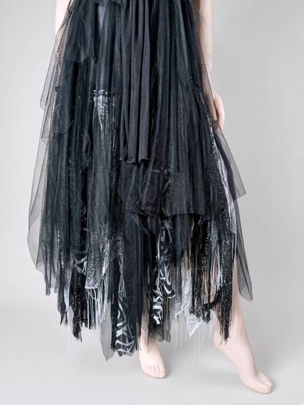 Alternate image for Gothic black tulle dress with handkerchief hem and layered skirt and shoulder detail