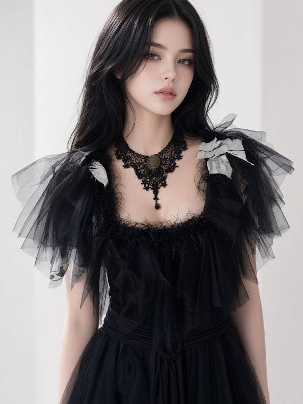Alternate image for Gothic black tulle dress with handkerchief hem and layered skirt and shoulder detail