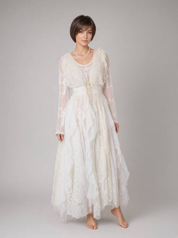 Alternate image for Handcrafted ivory lace long sleeve Tea-Length dress with intricate decor and fringe
