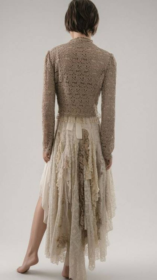 Alternate image for Handcrafted lace and cotton bohemian ensemble with cropped jacket and asymmetric skirt