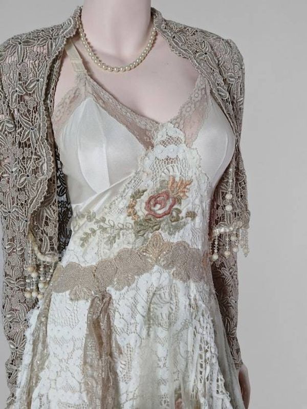 Alternate image for Handcrafted lace and cotton bohemian ensemble with cropped jacket and asymmetric skirt