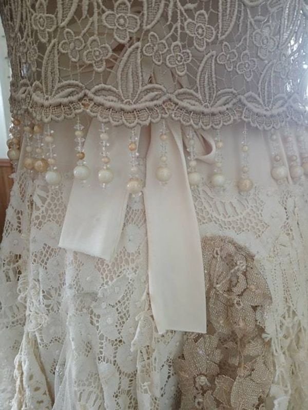 Alternate image for Handcrafted lace and cotton bohemian ensemble with cropped jacket and asymmetric skirt