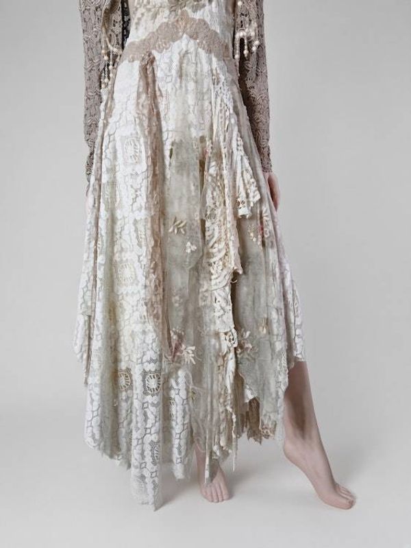 Alternate image for Handcrafted lace and cotton bohemian ensemble with cropped jacket and asymmetric skirt