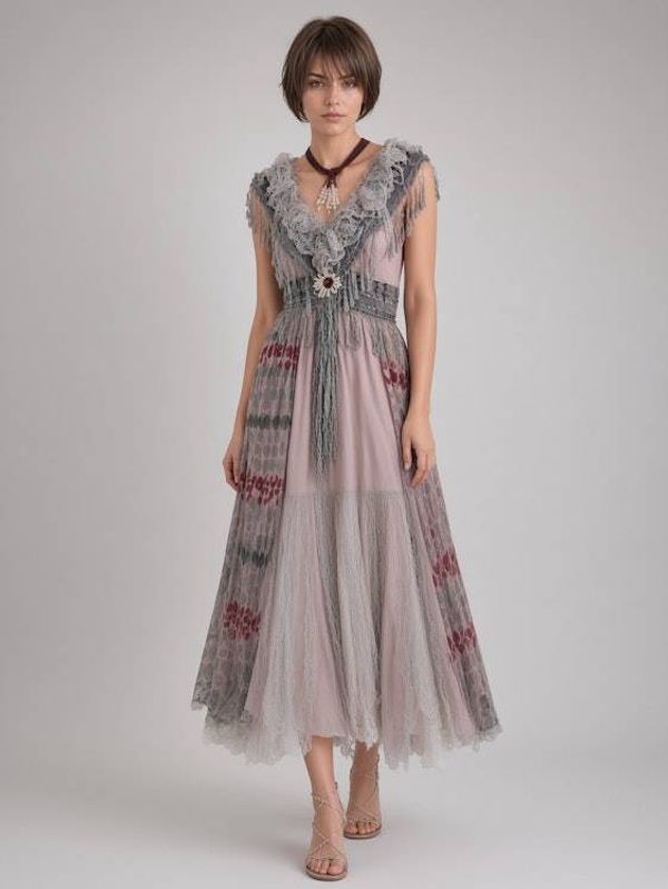 Alternate image for Handcrafted Bohemian lace and mesh midi dress with unique details