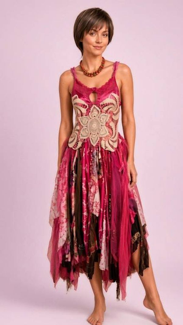 Alternate image for Handcrafted bohemian fairy Dress with crochet appliqué and tattered hem in berry tones