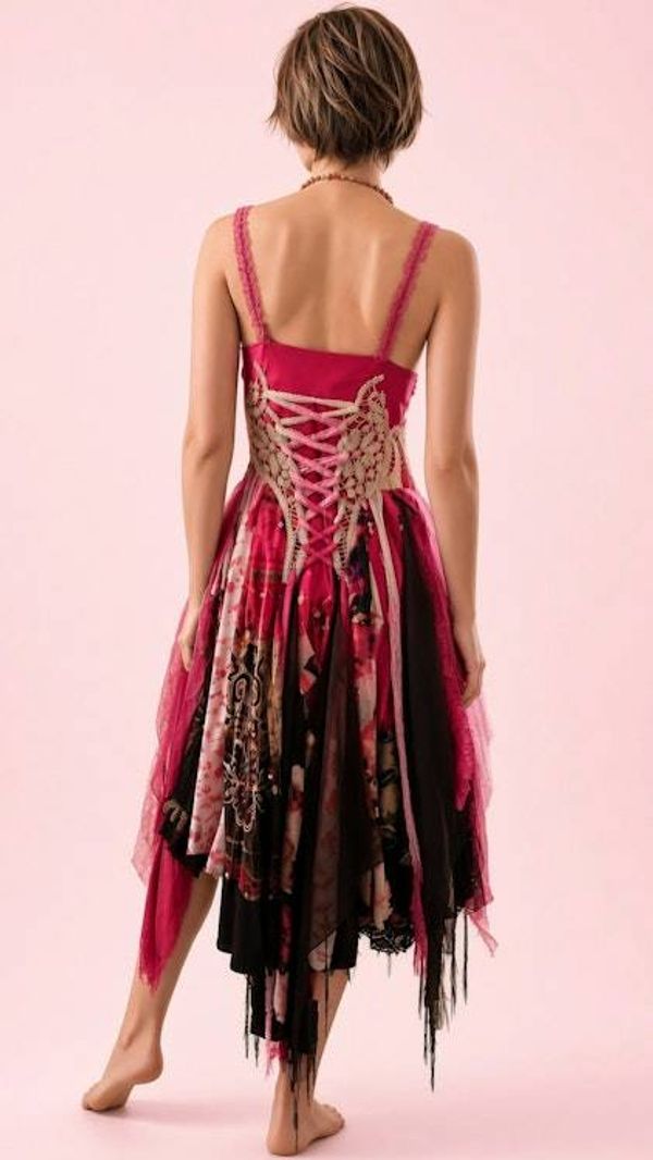Alternate image for Handcrafted bohemian fairy Dress with crochet appliqué and tattered hem in berry tones