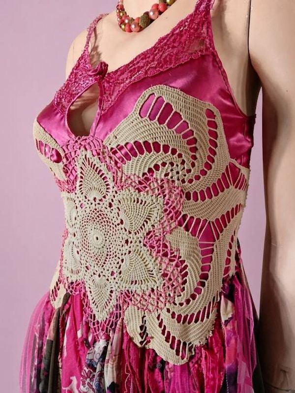 Alternate image for Handcrafted bohemian fairy Dress with crochet appliqué and tattered hem in berry tones