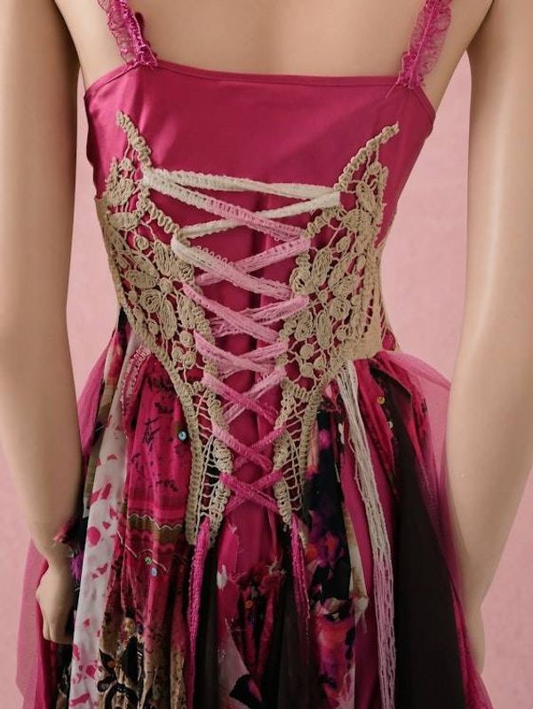 Alternate image for Handcrafted bohemian fairy Dress with crochet appliqué and tattered hem in berry tones