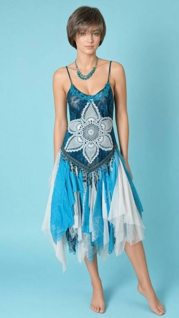 Alternate image for Oceanic mermaid batik shabby dress with lace crochet and beaded finge