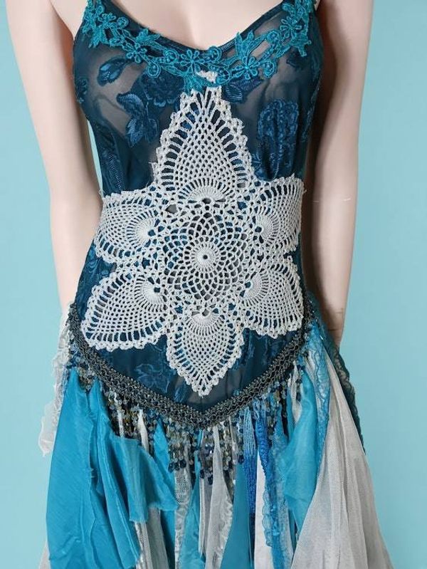 Alternate image for Oceanic mermaid batik shabby dress with lace crochet and beaded finge