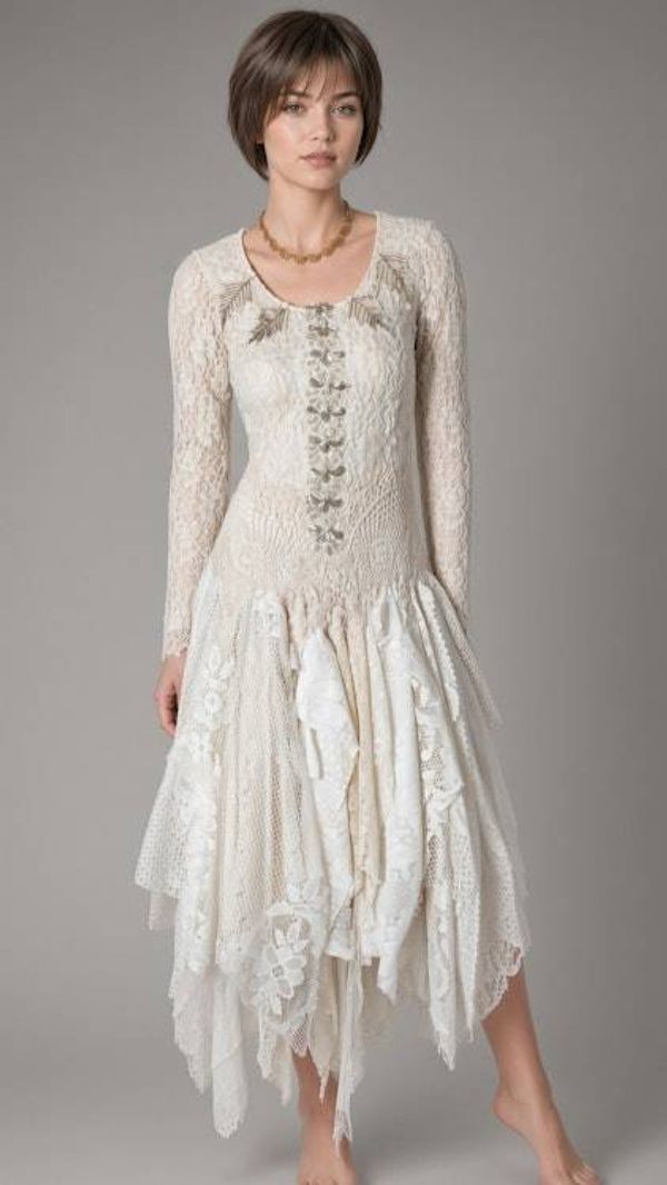 Alternate image for Handcrafted lace dress with tie-up back, vintage decor and asymmetric hem
