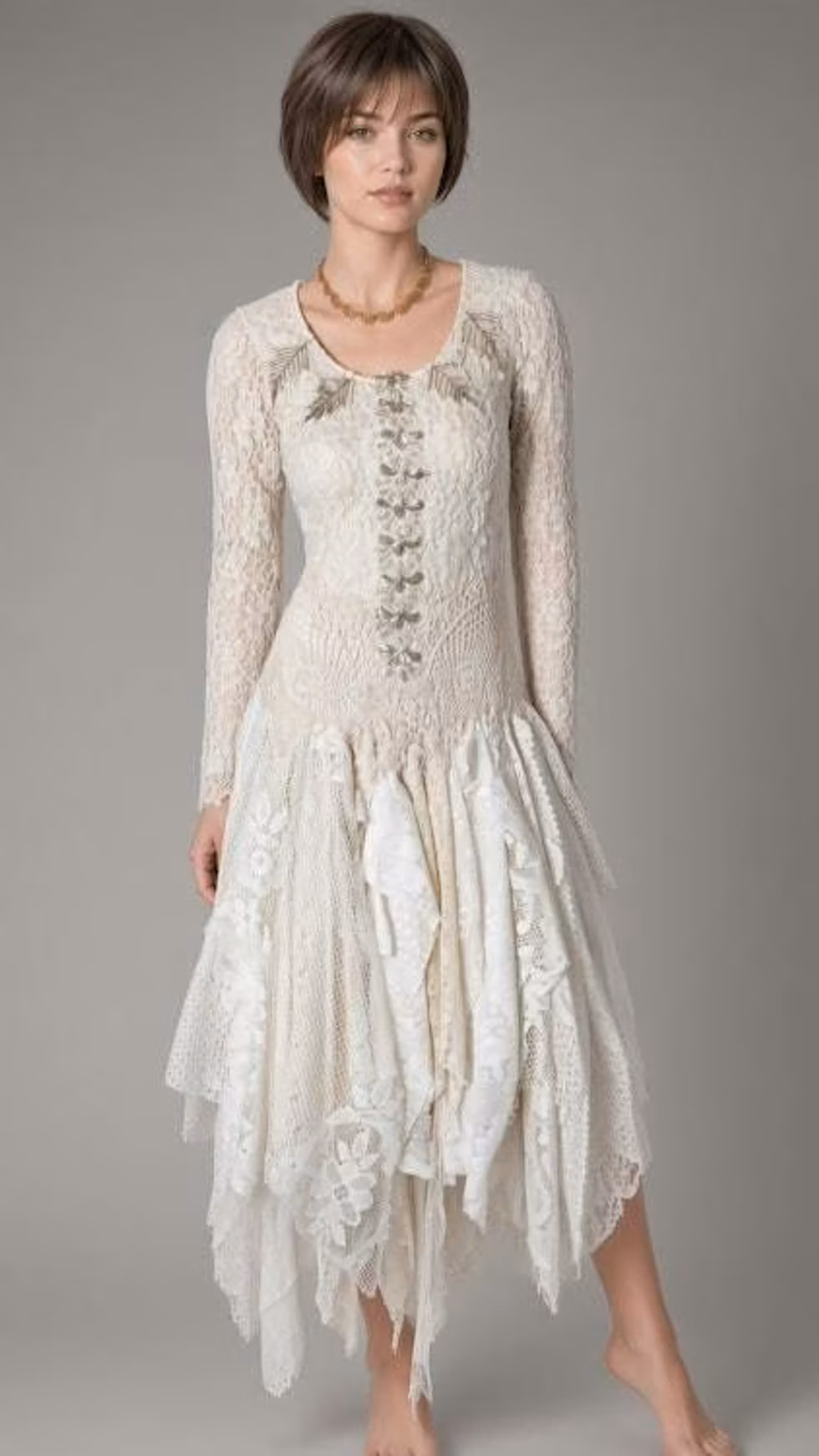 Handcrafted lace dress with tie-up back, vintage decor and asymmetric hem