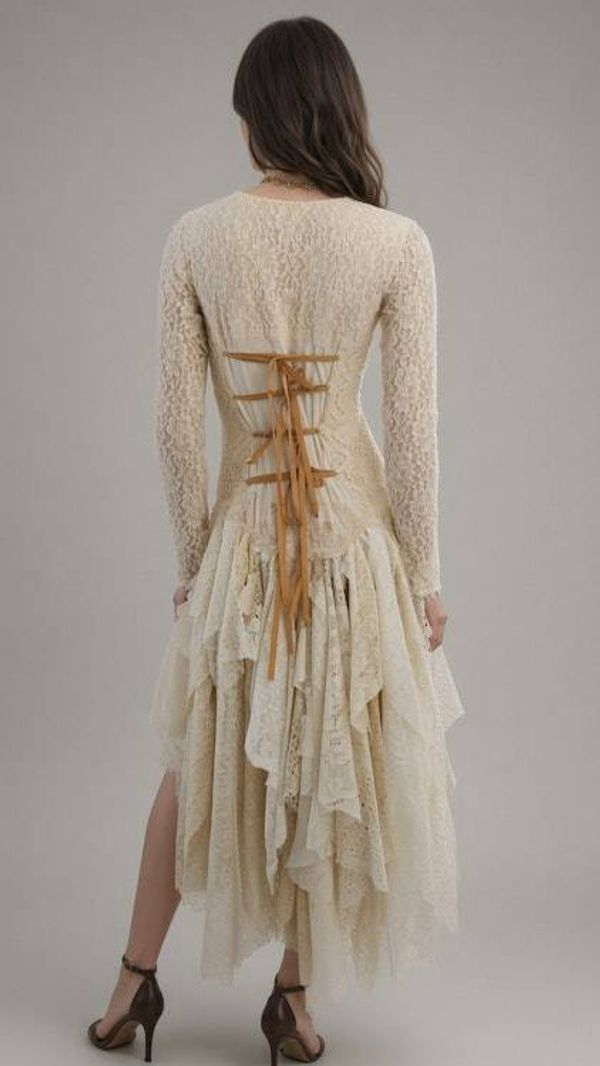 Alternate image for Handcrafted lace dress with tie-up back, vintage decor and asymmetric hem