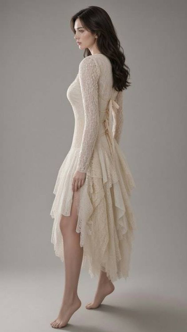 Alternate image for Handcrafted lace dress with tie-up back, vintage decor and asymmetric hem