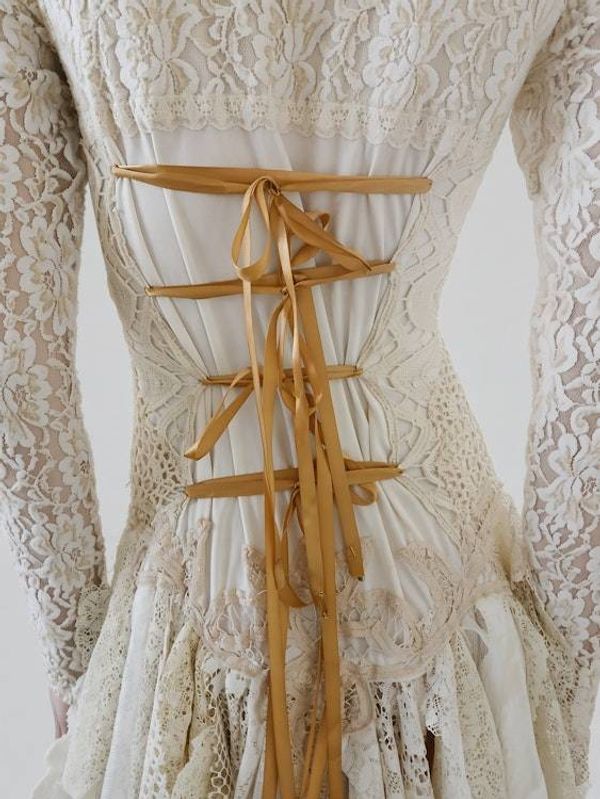 Alternate image for Handcrafted lace dress with tie-up back, vintage decor and asymmetric hem