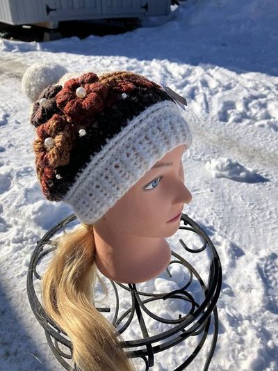Alternate image for Woman’s Flower Beanie Cream Brown and Orange