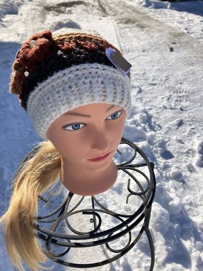 Alternate image for Woman’s Flower Beanie Cream Brown and Orange