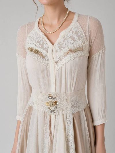 Alternate image for Victorian inspired lace overlay and maxi dress with long sleeves in champagne