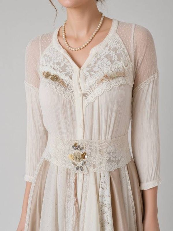 Alternate image for Victorian inspired lace overlay and maxi dress with long sleeves in champagne