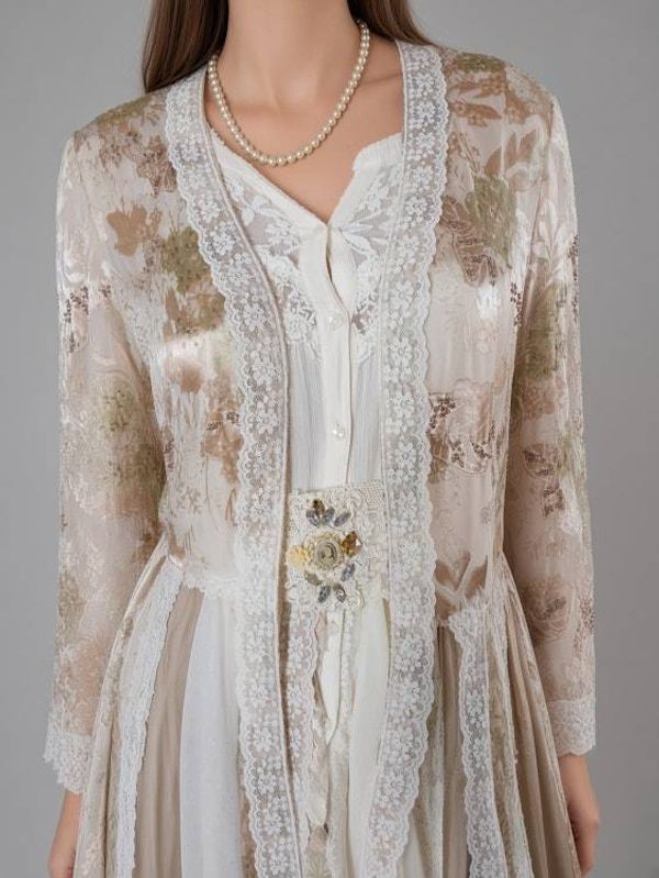 Alternate image for Victorian inspired lace overlay and maxi dress with long sleeves in champagne