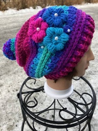 Alternate image for Flower Beanie Pink Blue and Turquoise