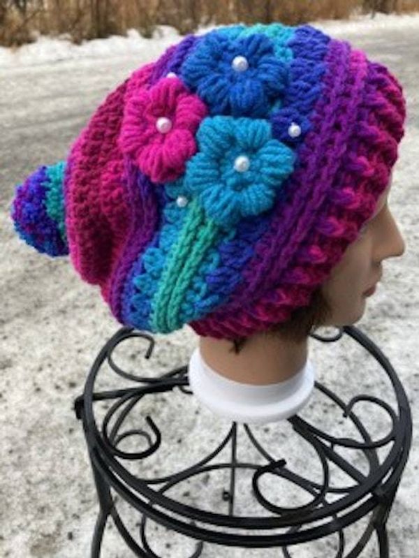 Alternate image for Flower Beanie Pink Blue and Turquoise