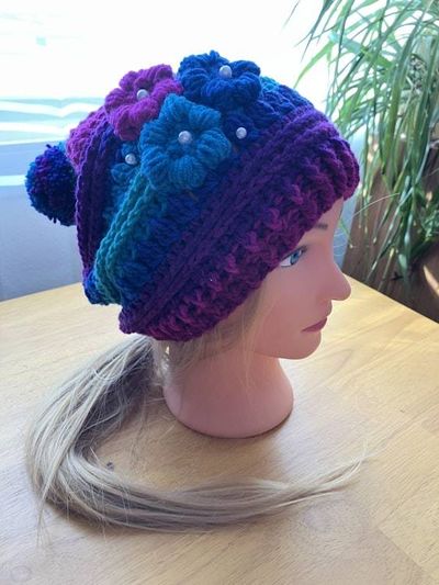 Alternate image for Flower Beanie Pink Blue and Turquoise