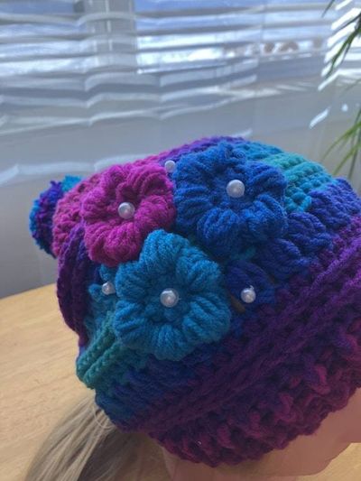 Alternate image for Flower Beanie Pink Blue and Turquoise