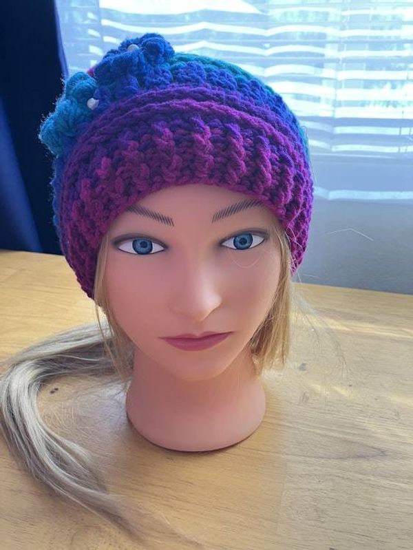 Alternate image for Flower Beanie Pink Blue and Turquoise