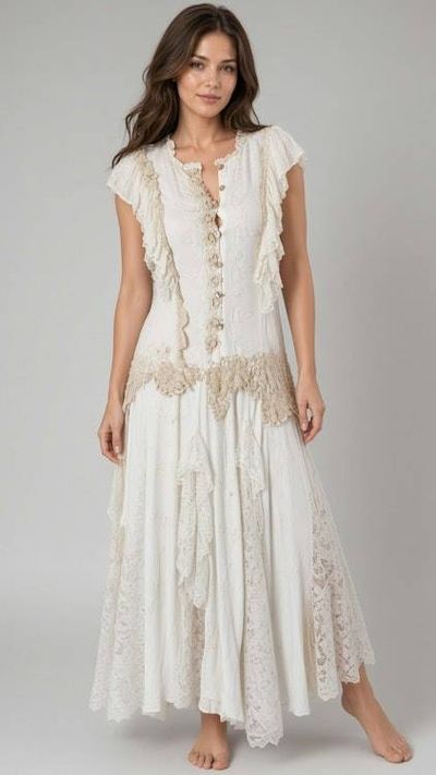 Primary image for Bohemian lace and cotton-trimmed maxi dress with flutter sleeves