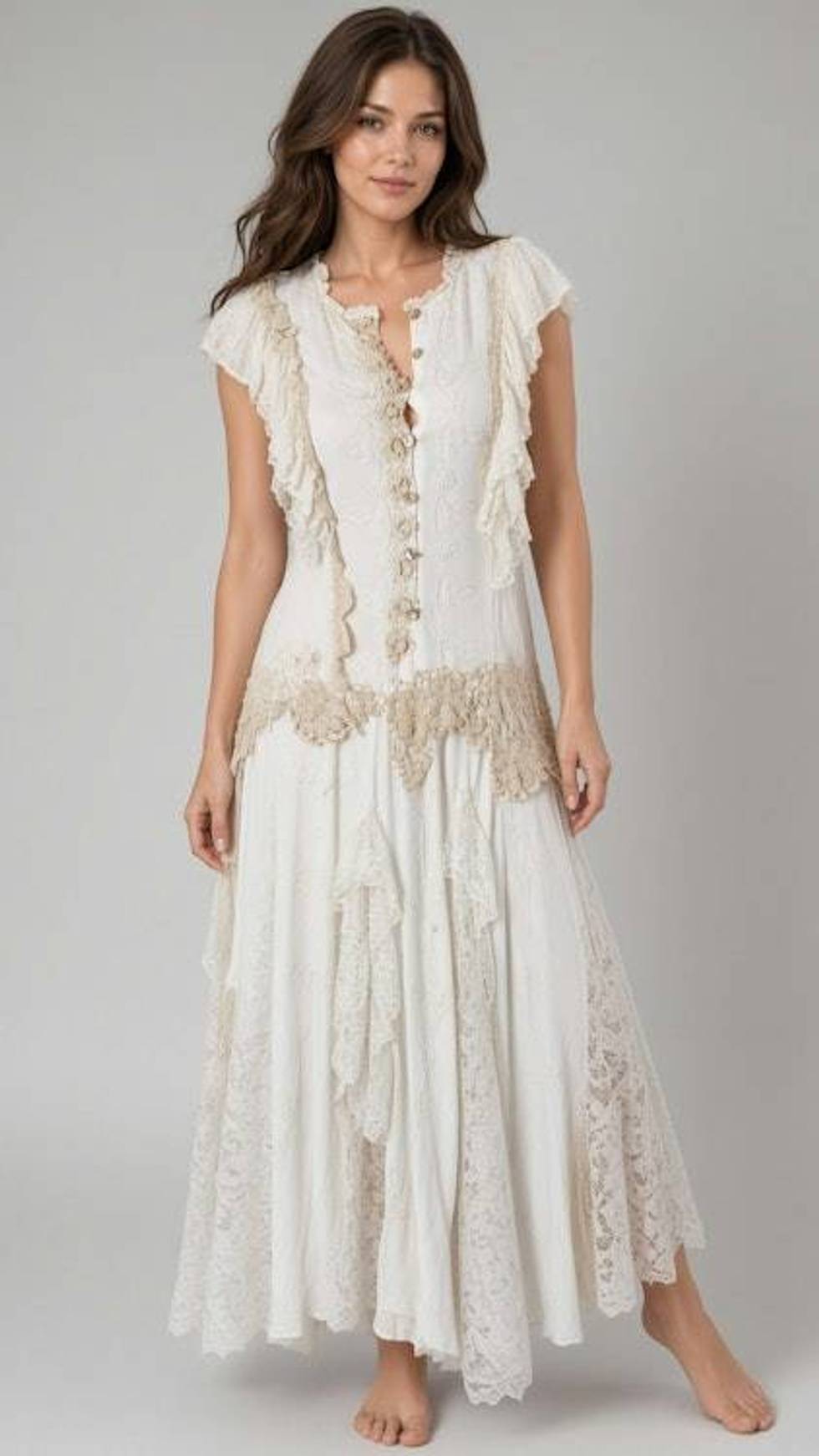 Bohemian lace and cotton-trimmed maxi dress with flutter sleeves