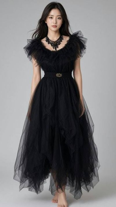 Primary image for Dramatic black tulle Halloween gown with ruffled neckline