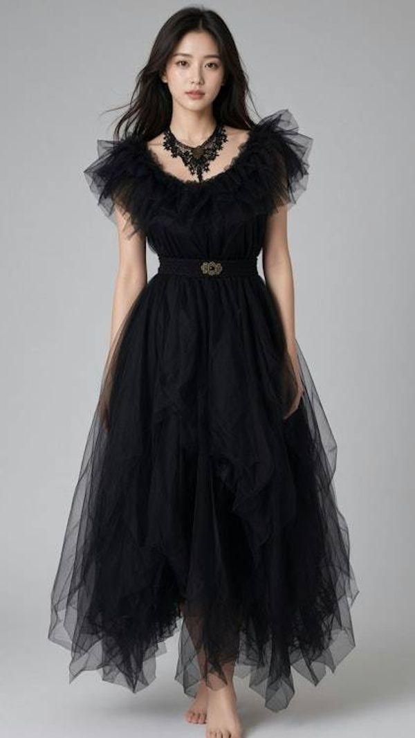 Alternate image for Dramatic black tulle Halloween gown with ruffled neckline