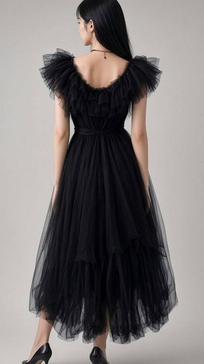 Alternate image for Dramatic black tulle Halloween gown with ruffled neckline